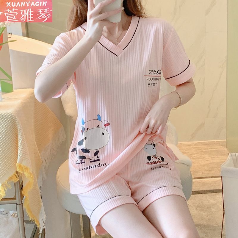 Net red pajamas women's summer short-sleeved ins wind v-neck large size Korean version simple loose sweet student home service suit