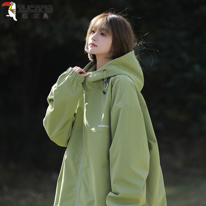 啄木鳥美式綠色戶外衝鋒衣外套女春秋款機能風潮牌情侶裝加絨風衣