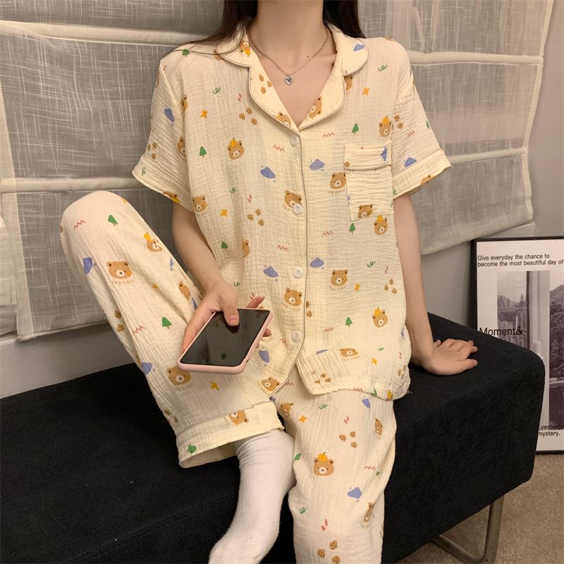 New baby cotton sense short-sleeved trousers pajamas women's summer thin section Korean version sweet cardigan loose home service suit