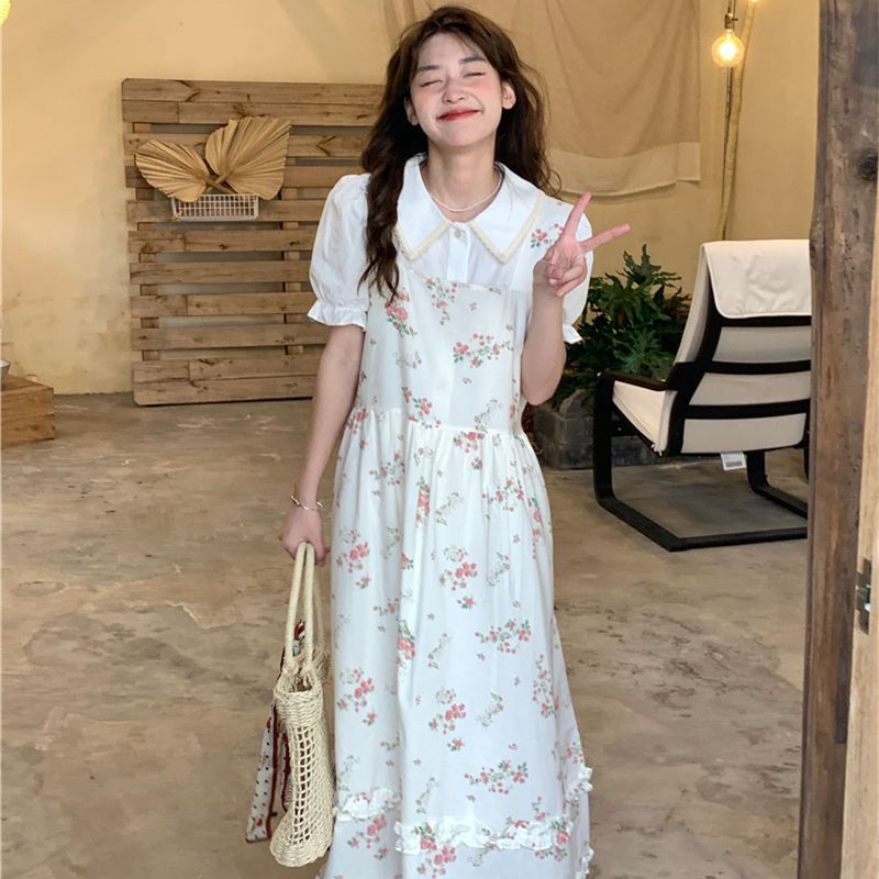 【兩件套】夏季小清新甜美碎花連衣裙+新款學院風娃娃領襯衫套裝