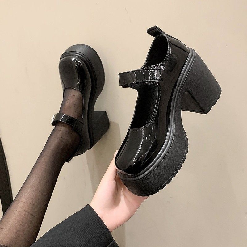 French thick-heeled high-heeled shoes not tired feet artifact 2023 spring and autumn increased height thick-soled muffin Mary Jane small leather shoes women