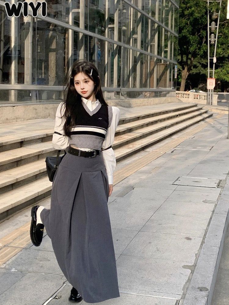 WIYI 灰色高腰百褶半身裙女2023春夏新款設計感學院風中長裙A字裙