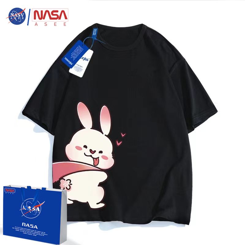 NASA官方联名小白兔印花夏季纯棉短袖亲子装男女童装洋气T恤上衣