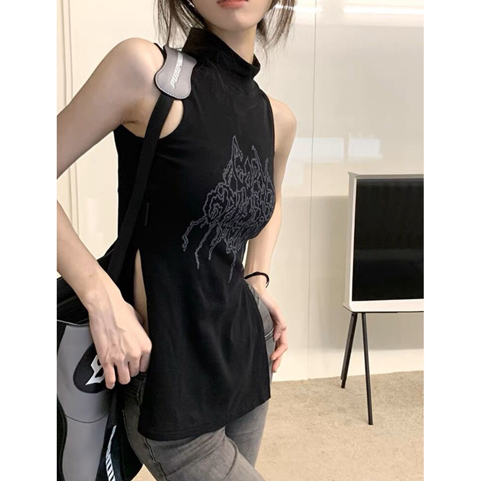 Pure desire style black sleeveless vest T-shirt women's summer new design sense sexy waist slimming slit top ins