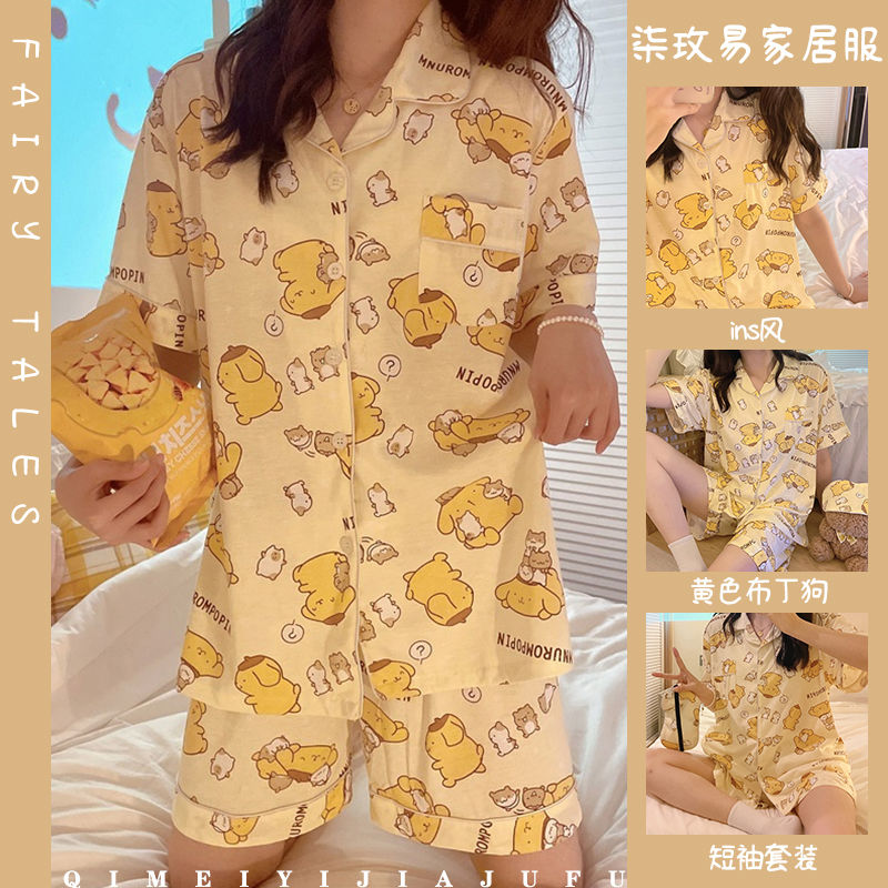 卡通睡衣女夏季新款日系ins風可愛布丁狗薄款短袖短褲家居服套裝
