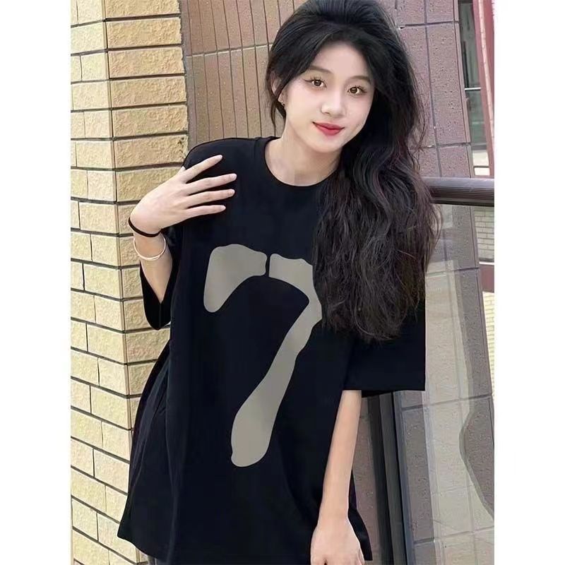 100%純棉簡約數字印花寬鬆春夏新款丅恤短袖女學生半袖上衣ins潮