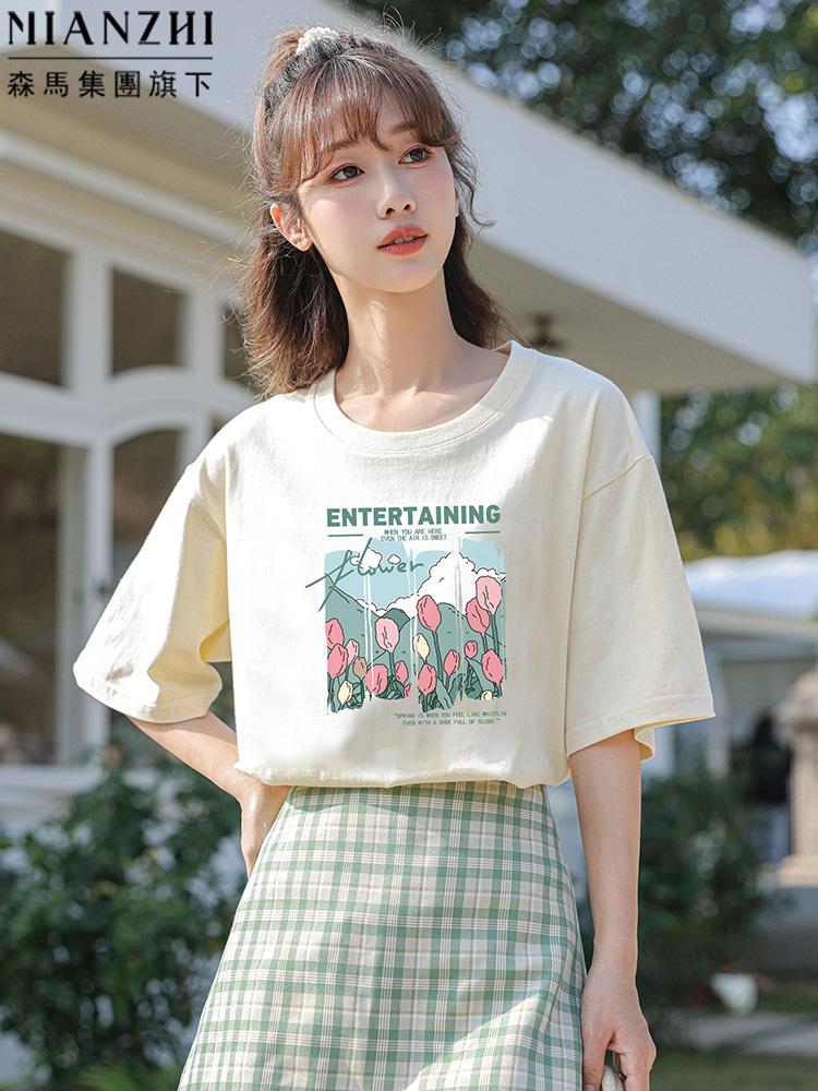 Semir Group's Mianzhixia 2023 new cotton shoulder short-sleeved t-shirt women's loose half-sleeve printed top