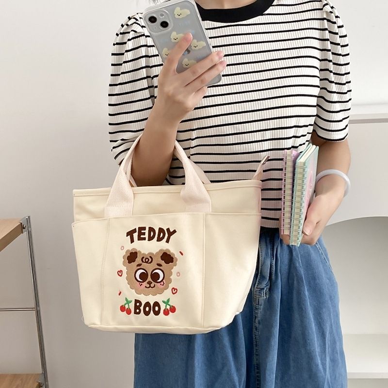 2023新款刺繡圖兔子加厚有型托特帆布手提包休閒卡通便當包媽咪包