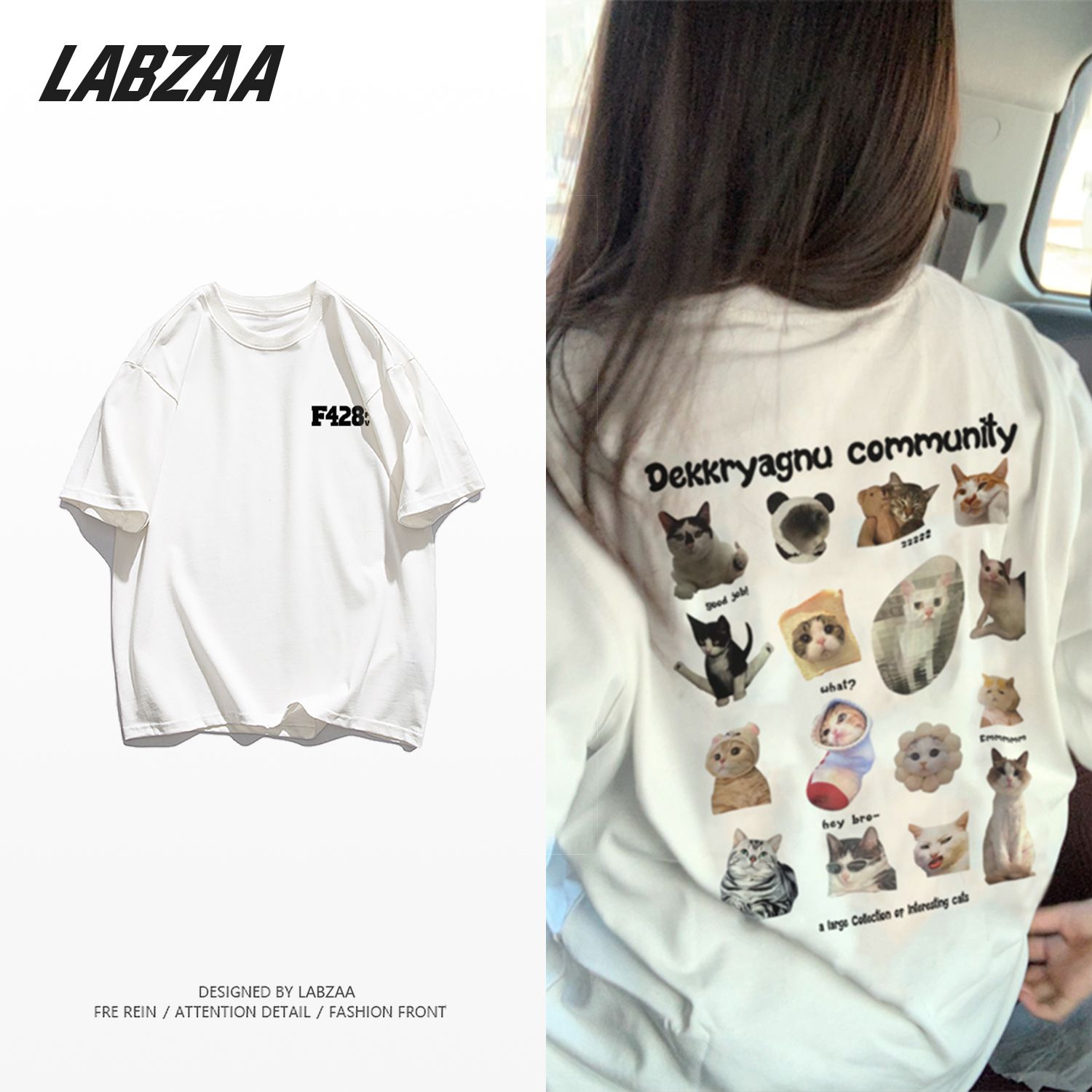 LABZAA pure cotton gentle wind niche cat cat print short-sleeved T-shirt women's summer new Korean design top