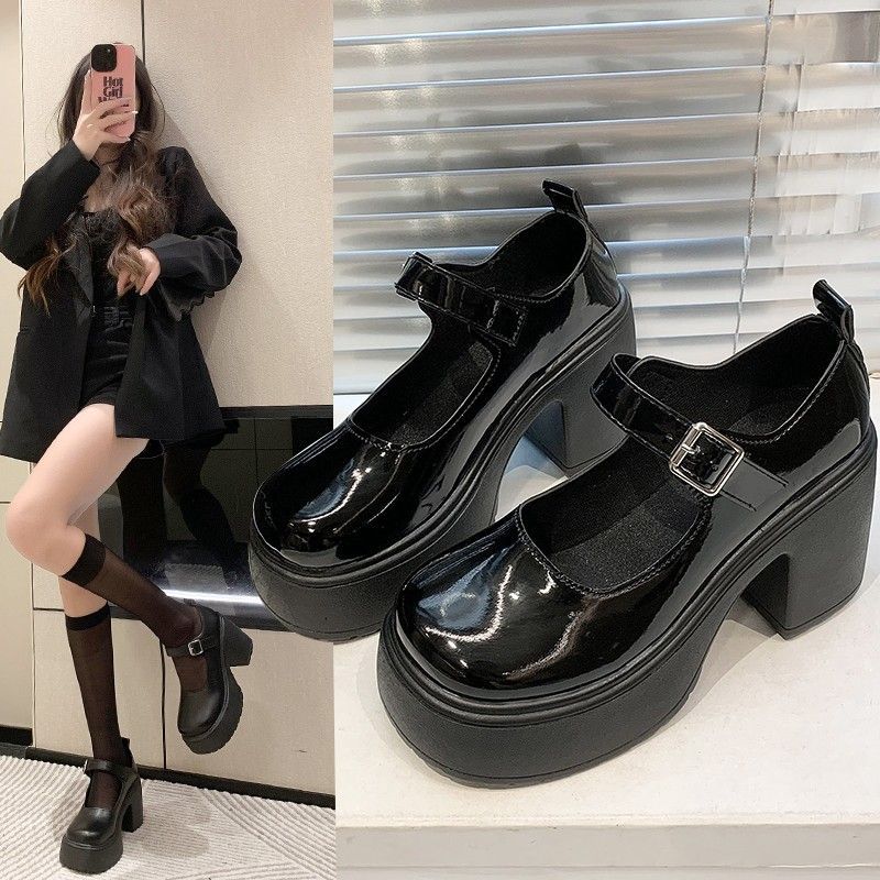 French thick-heeled high-heeled shoes not tired feet artifact 2023 spring and autumn increased height thick-soled muffin Mary Jane small leather shoes women