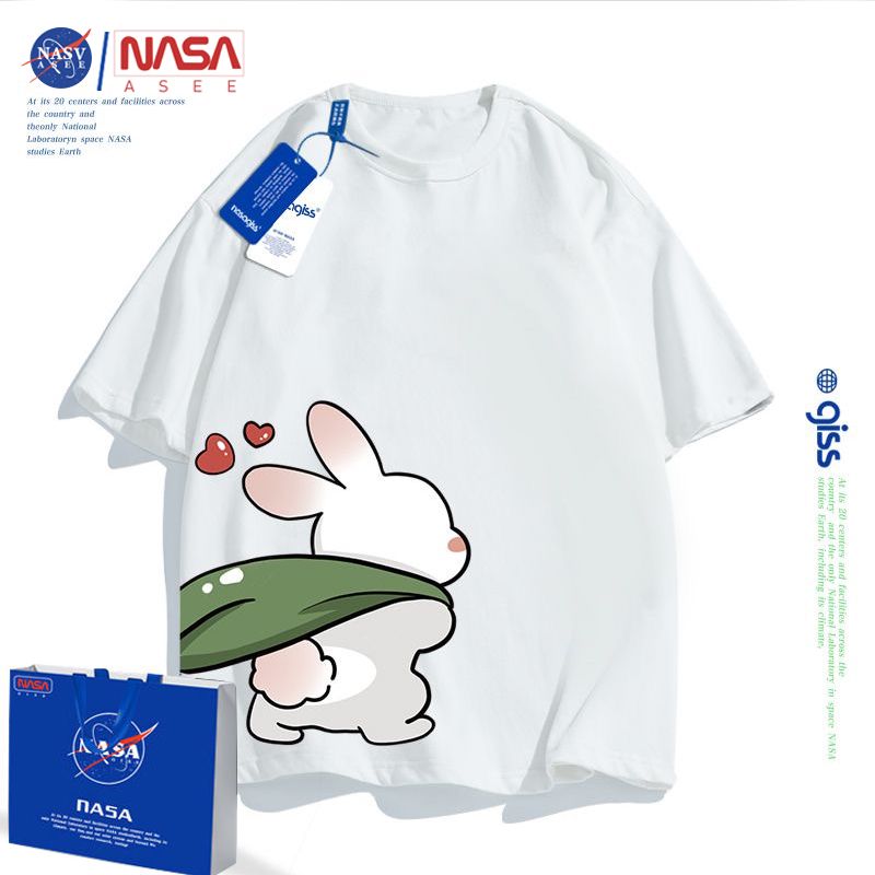 NASA官方联名小白兔印花夏季纯棉短袖亲子装男女童装洋气T恤上衣