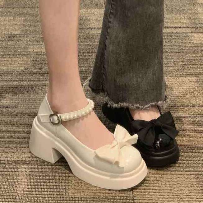 高跟厚底瑪麗珍鞋女2023春新款時尚甜美蝴蝶結復古粗跟珍珠小皮鞋