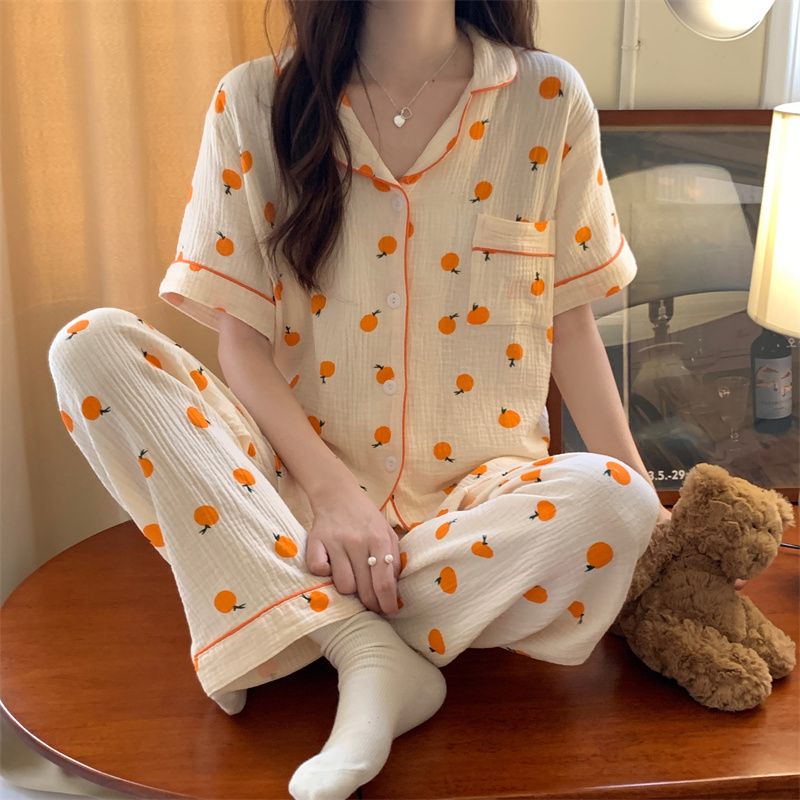 Baby cotton summer pajamas women's summer thin section comfortable short-sleeved trousers cardigan loose sweet home service suit