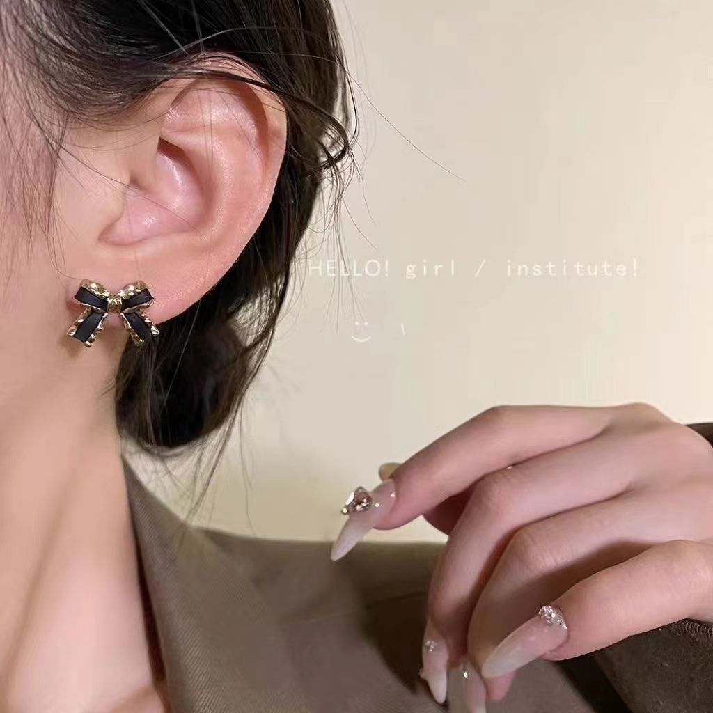 S925银针法式蝴蝶结耳钉女小众设计感独特耳环轻奢小众高级感耳饰