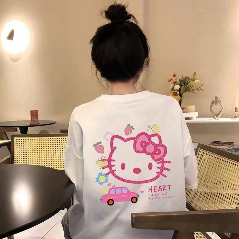 Japanese Caddy 100% cotton short-sleeved women's Korean version of kitty cat print cute and sweet student all-match T-shirt women