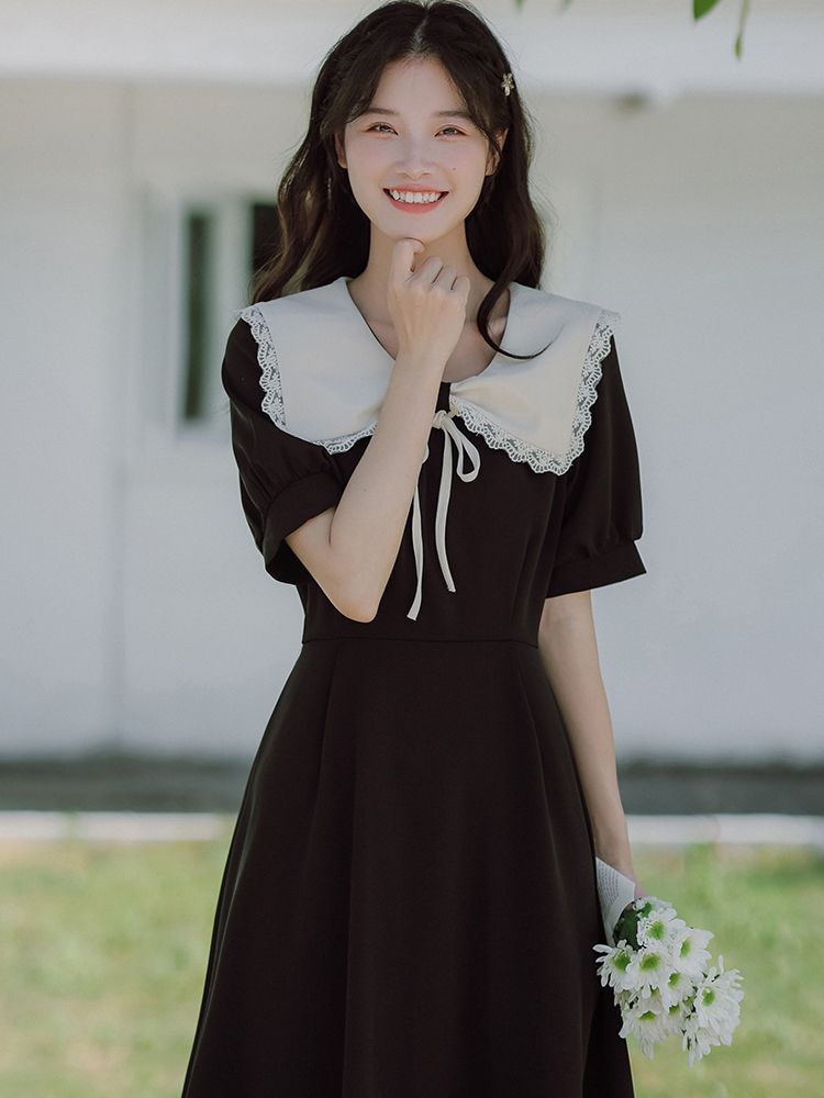 法式茶歇夏天黑色連衣裙女夏季大碼新款氣質娃娃領裙子長裙小黑裙