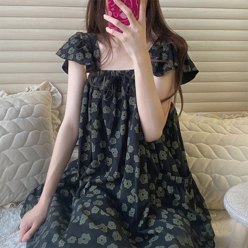 Spring and summer 2023 new ins style sweet floral pajamas female students mid-length suspender nightdress home service