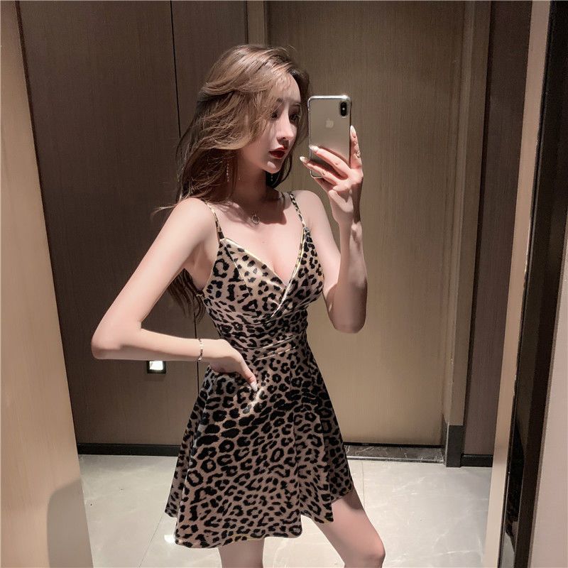 Nightclub women's sexy low-cut deep V suspenders leopard dress night field tooling bar nightclub KTV princess