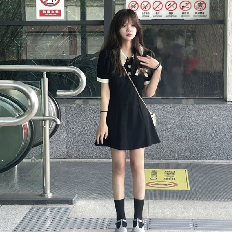 黑甜女主~撞色Polo領連衣裙蝴蝶結收腰大碼顯瘦洋氣短袖T恤短裙子