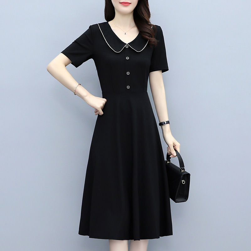 胖mm黑色連衣裙女夏季2023新款大碼女裝洋氣時尚顯瘦減齡中長裙子