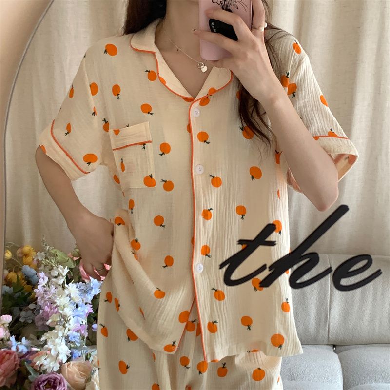 Baby cotton summer pajamas women's summer thin section comfortable short-sleeved trousers cardigan loose sweet home service suit