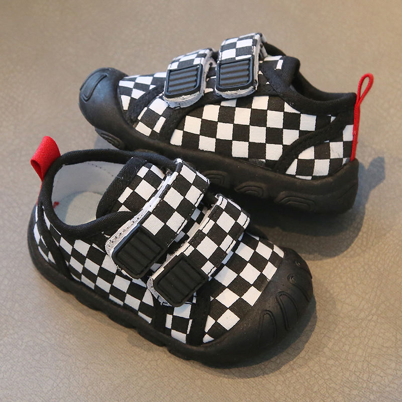 春秋季宝宝学步鞋软底防滑格子魔术贴布鞋婴幼儿室内鞋男女童地板