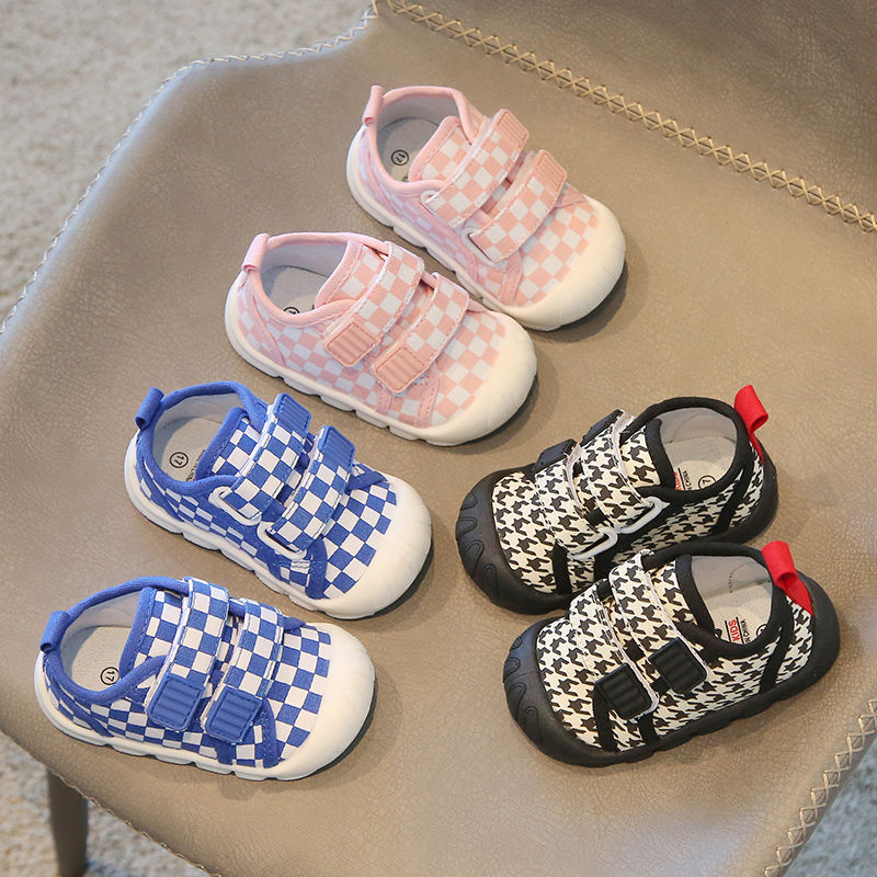 春秋季宝宝学步鞋软底防滑格子魔术贴布鞋婴幼儿室内鞋男女童地板