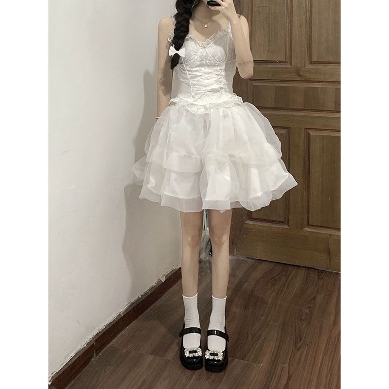 芭蕾穿搭設計感系帶收腰辣妹吊帶套裝裙女裝白色網紗蓬蓬裙兩件套