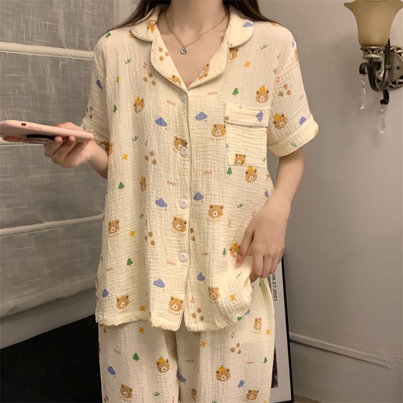 New baby cotton sense short-sleeved trousers pajamas women's summer thin section Korean version sweet cardigan loose home service suit