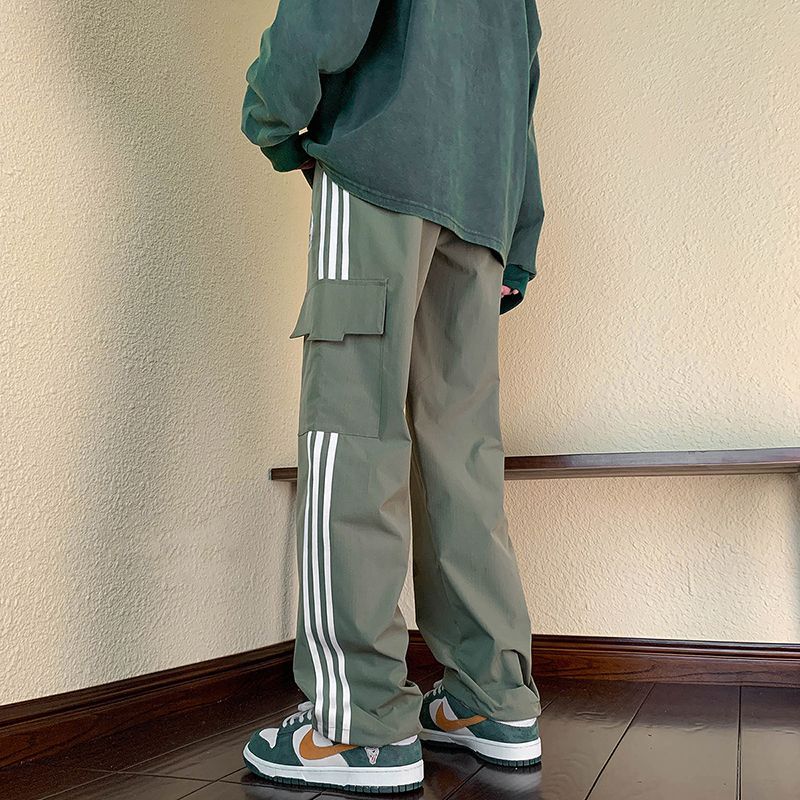 藏蓝色嘻哈hiphop裤子oversize高街美式复古工装裤男侧条纹直筒裤