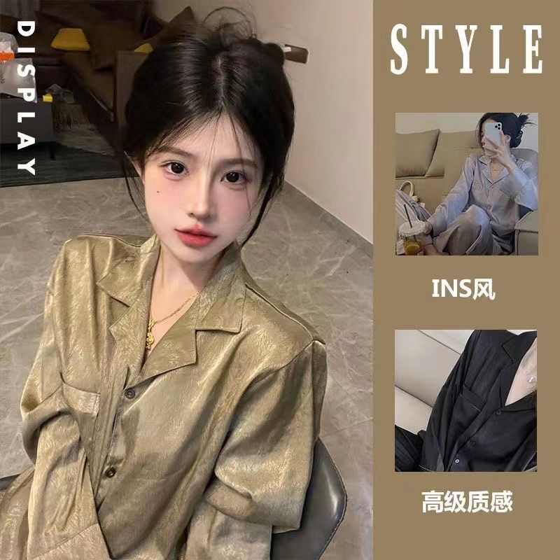 2023年新款冰絲睡衣女春秋款長袖甜美可愛薄款仿真絲綢家居服套裝