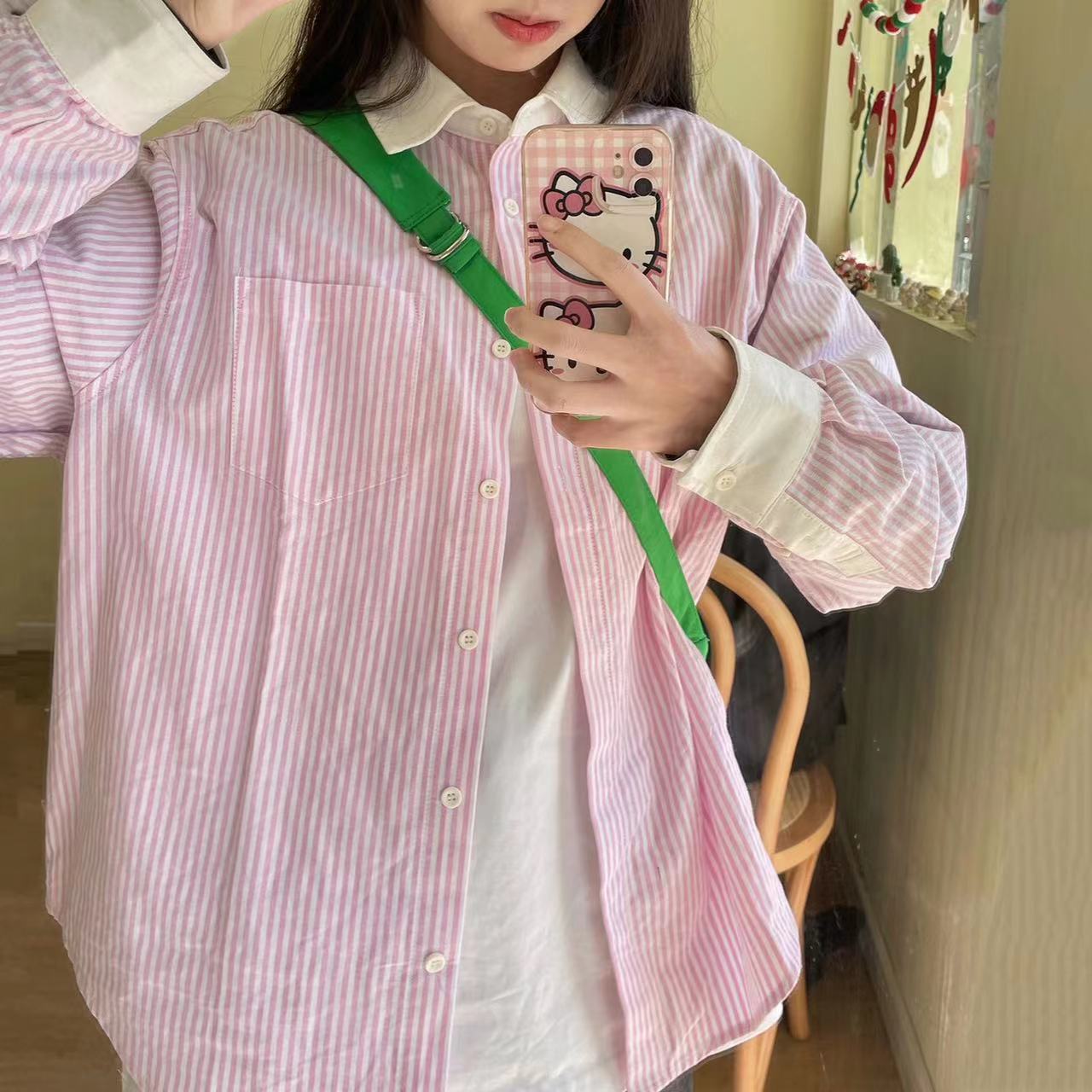 日系甜美拼接粉色條紋襯衫女學生內搭外穿長袖上衣小眾襯衣外套潮
