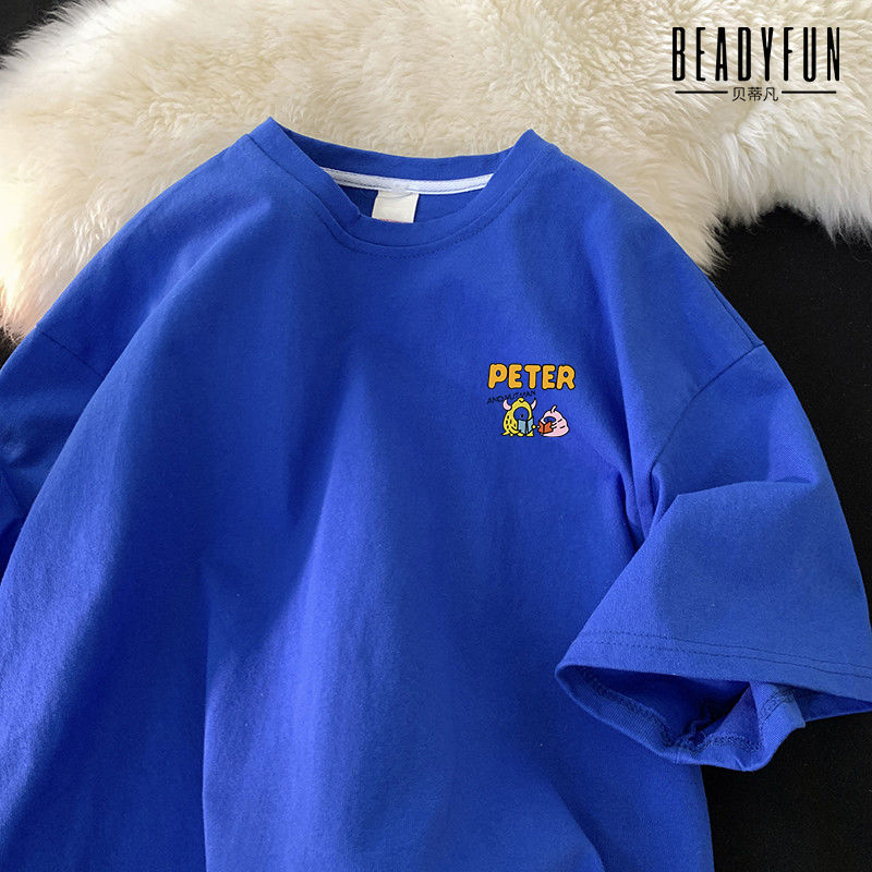 BEADYFUN圓領短袖t恤男女2023夏季新款炸街克萊因藍小眾五分半袖