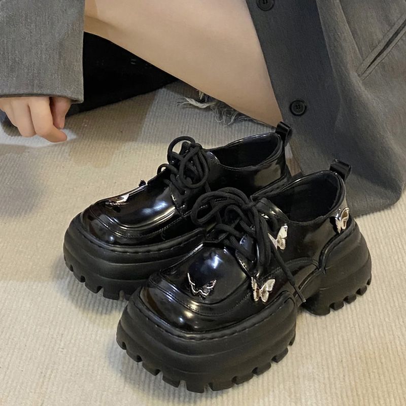 英倫風小皮鞋女2023春新款日系ins小眾蝴蝶厚底增高松糕鞋樂福鞋