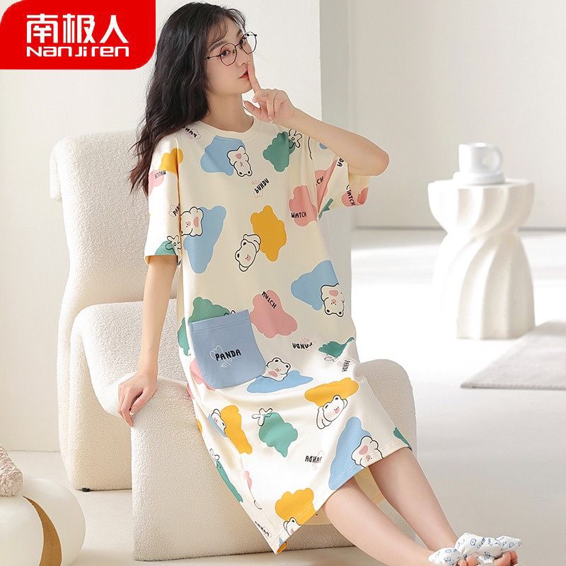 Nanjiren 100% cotton nightdress women's summer short-sleeved Korean version cute student summer loose home clothes can be worn outside