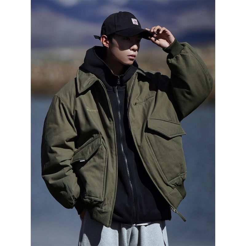 Japanese retro workwear lapel bomber jacket for men and women in spring and autumn casual loose embroidered baseball uniform jacket trend