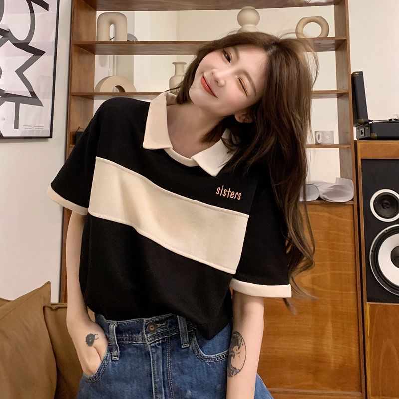 Fat mm college loose and thin all-match large size summer short-sleeved hit color Polo shirt 2-300 catties T-shirt top women's clothing