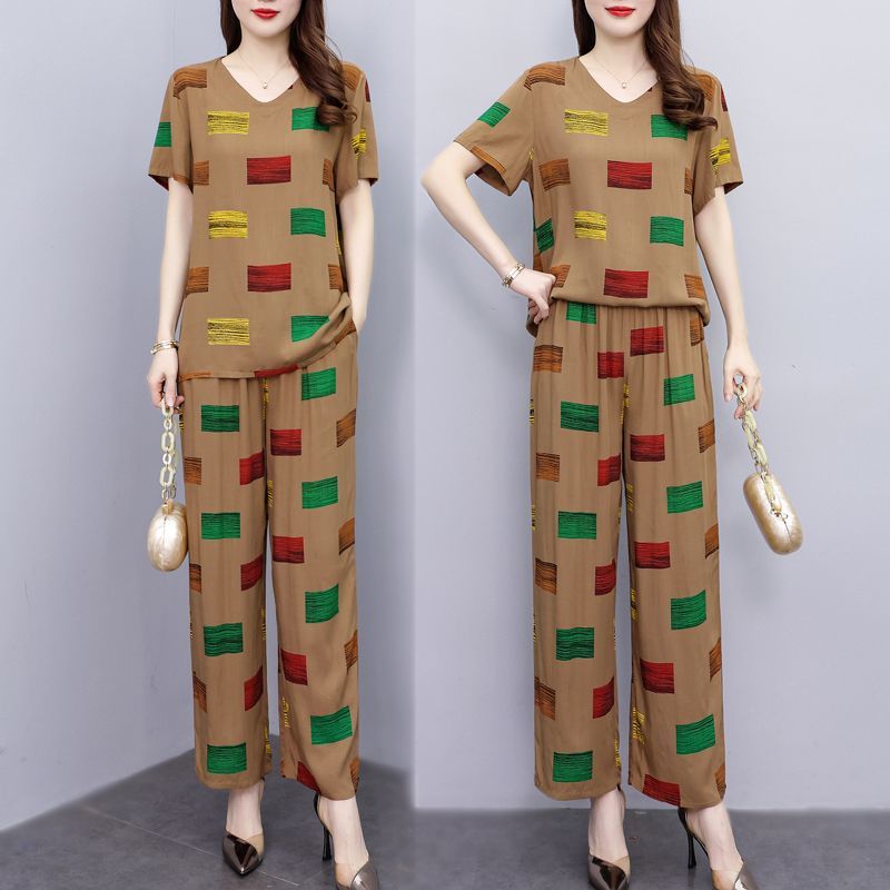 時尚套裝女2023夏季新款高端氣質竹節棉圓領上衣外穿闊腿褲兩件套