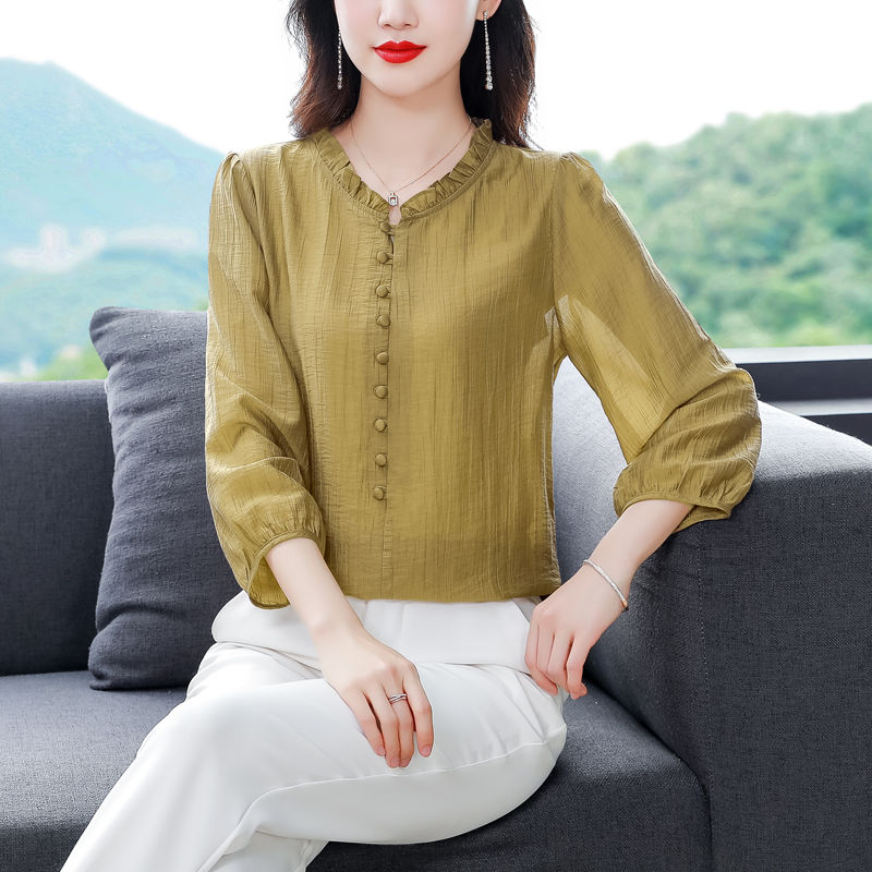 2023春夏新款棉麻七分袖上衣寬鬆透氣舒適媽媽裝洋氣小衫套頭女裝