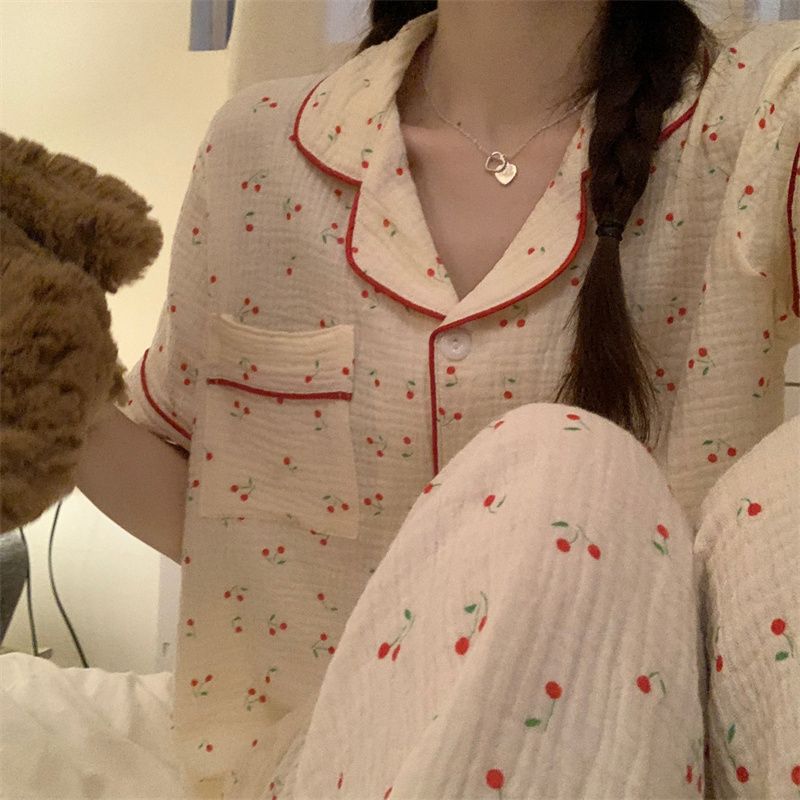 Baby cotton pajamas women's summer thin section short-sleeved trousers cardigan loose sweet girl summer home service suit