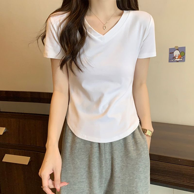 Pure lust style V-neck T-shirt for women summer Korean version 2023 new slim fit irregular white short-sleeved top