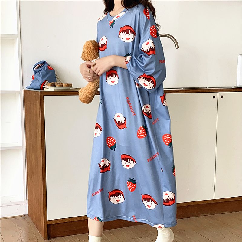 Short-sleeved long nightdress women's summer new print cartoon fat mm2-300 catties loose pajamas women's home service