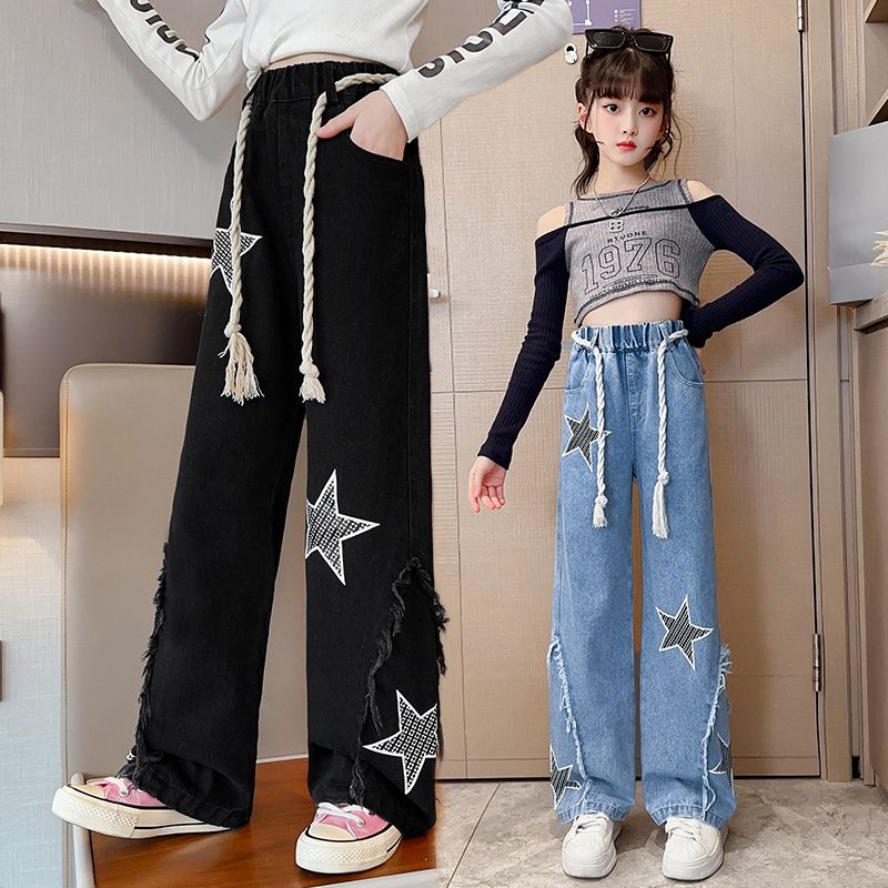 女童牛仔褲春秋2023新款韓版洋氣休閒直筒闊腿褲女中大童寬鬆褲子