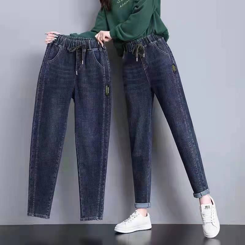 鬆緊腰大碼彈力牛仔褲女2023春秋遮胯顯瘦梨形身材寬鬆哈倫蘿蔔褲