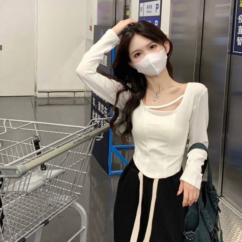 Fishbone line pure desire wind white short top autumn t-shirt with self-cultivation hot girl long-sleeved bottoming shirt top female