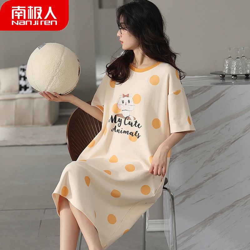 Nanjiren 100% cotton nightdress women's summer short-sleeved new Korean version cute sweet thin section student large size home service
