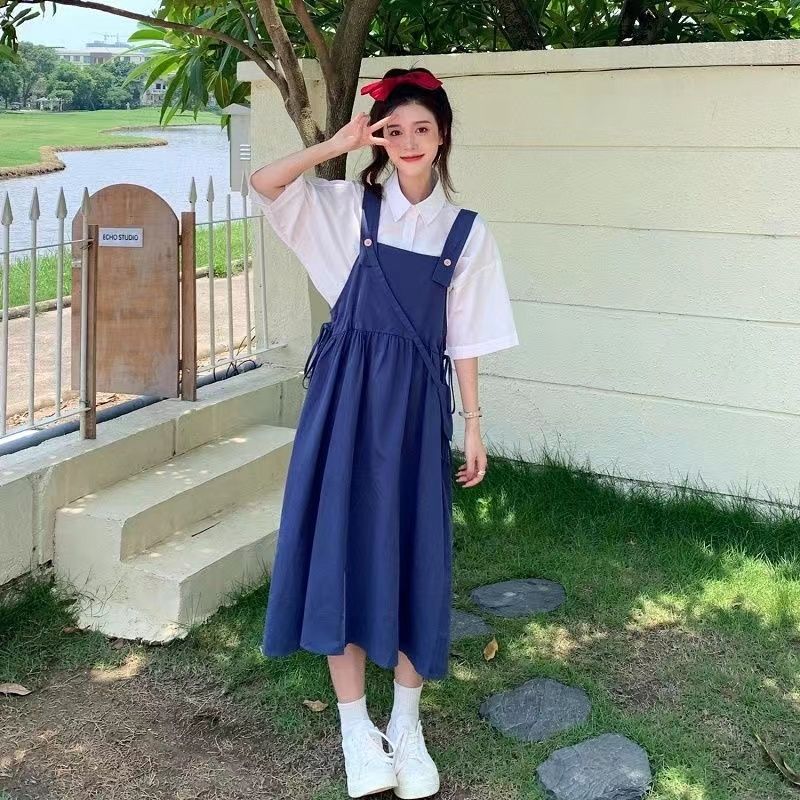 日系背帶連衣裙少女夏裝2023新款初中高中學生兩件套裝森系長裙子