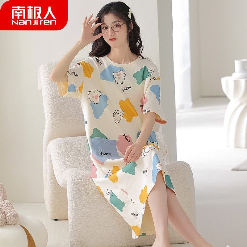 Nanjiren 100% cotton nightdress women's summer short-sleeved Korean version cute student summer loose home clothes can be worn outside