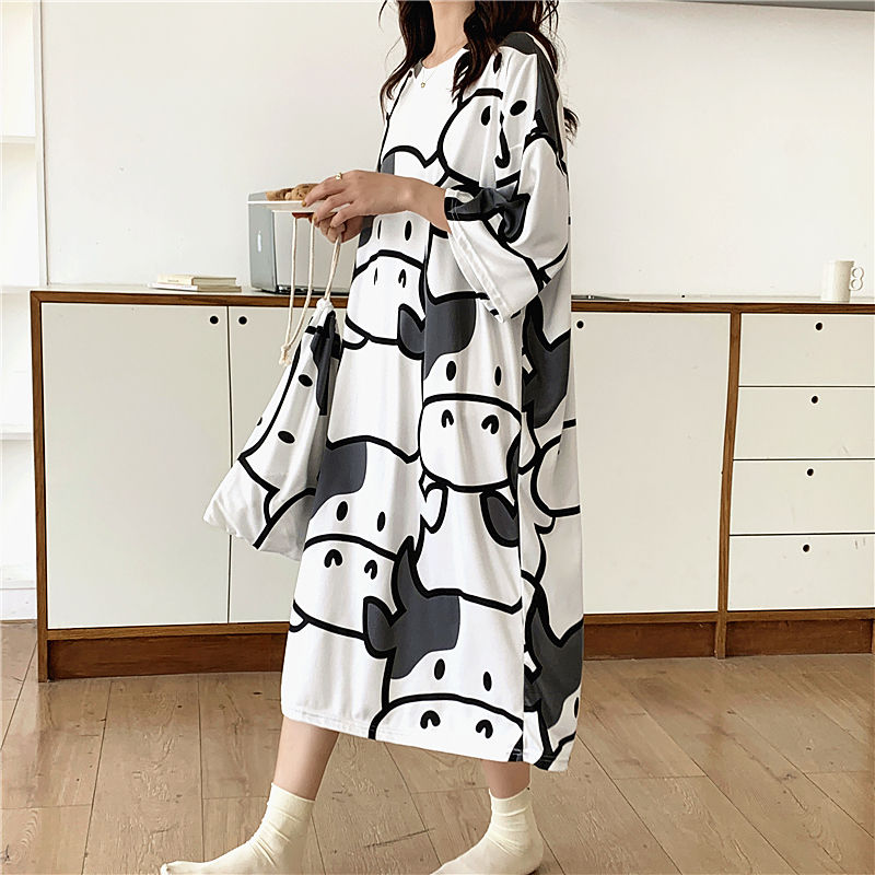 Short-sleeved long nightdress women's summer new print cartoon fat mm2-300 catties loose pajamas women's home service