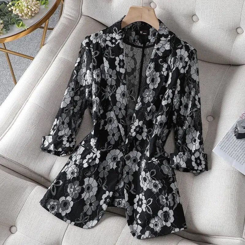 High-end printed small suit jacket women's new retro design niche fashion trend lace thin suit jacket